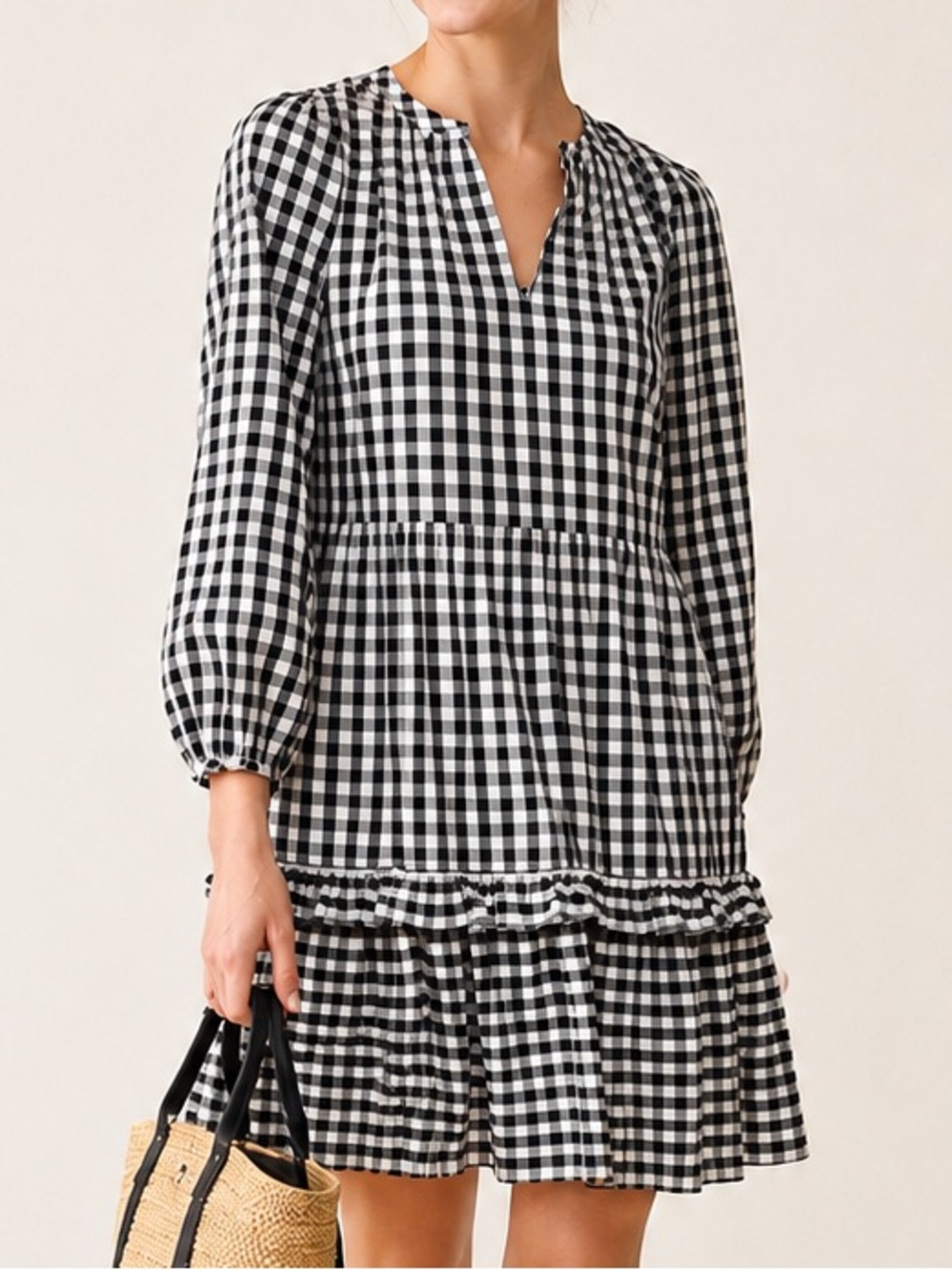 J.Crew Black White Gingham Cottagecore Tiered Mini Dress Size Small
